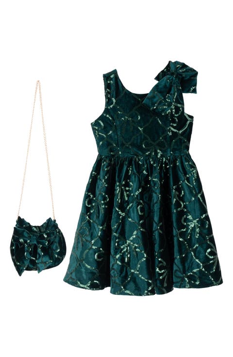 Kids' Sequin Bow Velvet Dress & Bag Set