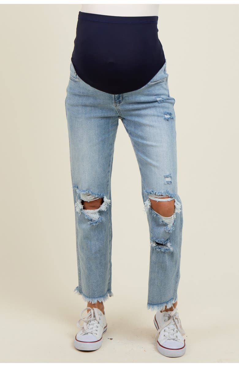 PinkBlush Ripped Knee Fringe Hem Straight Leg Maternity Ankle Jeans, Alternate, color, Light Blue