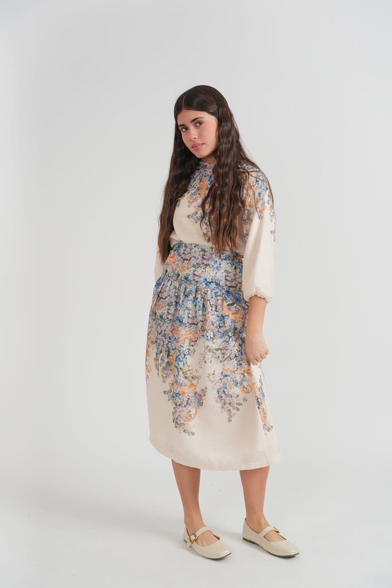 Border Floral Ruffled Blouse & Skirt 2 Piece Set, Alternate, color, Cream Floral