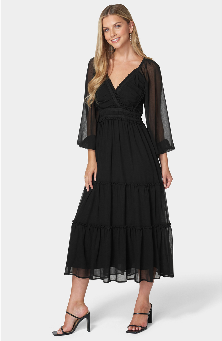 bebe Lace Up Back Chiffon Midi Dress, Main, color, Black