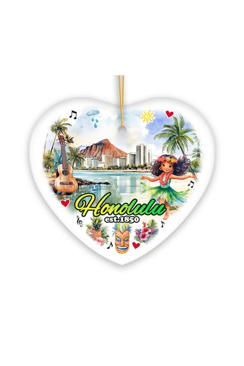 Honolulu Watercolor Tropical Heart Ceramic Ornament