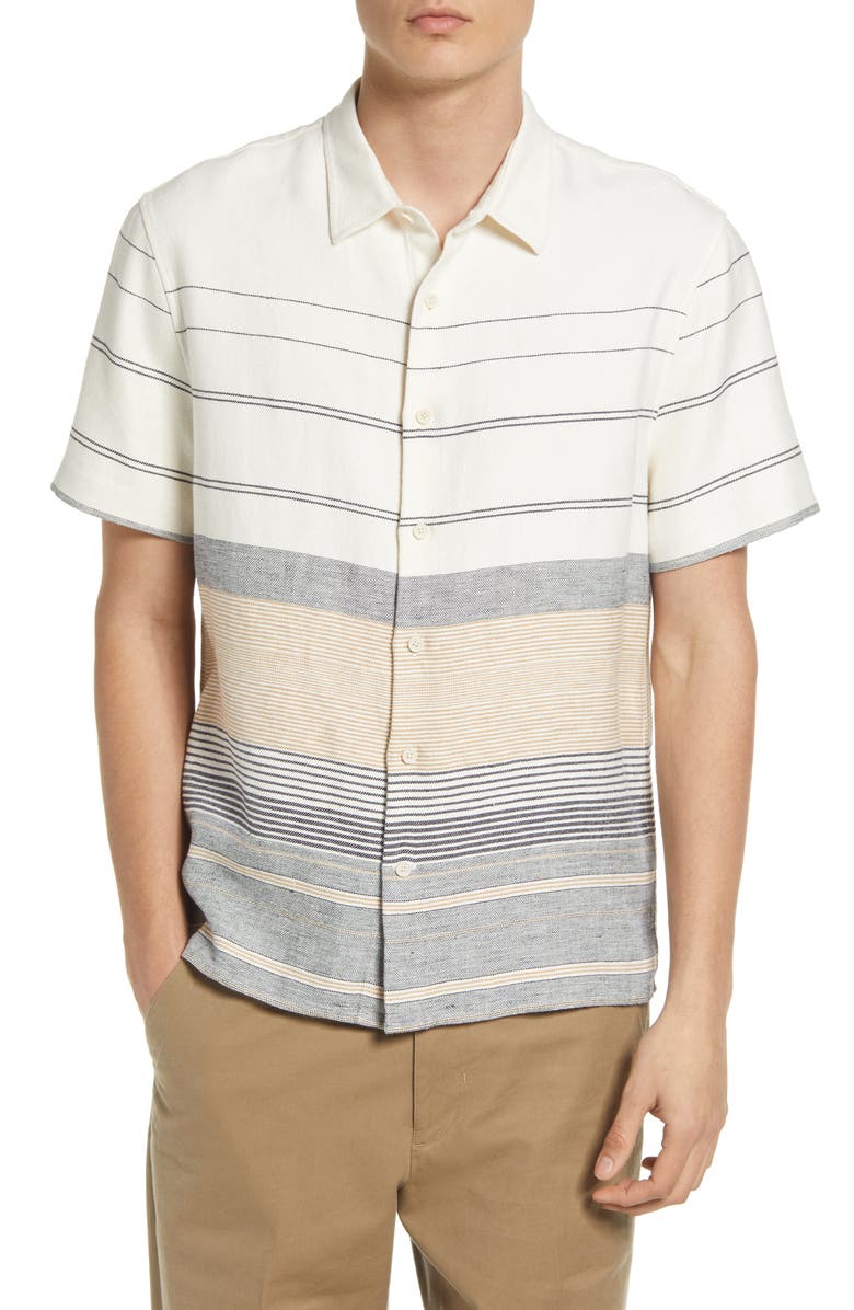 Vince Classic Fit Engineered Stripe Short Sleeve Knit Button-Up Shirt, Main, color, 