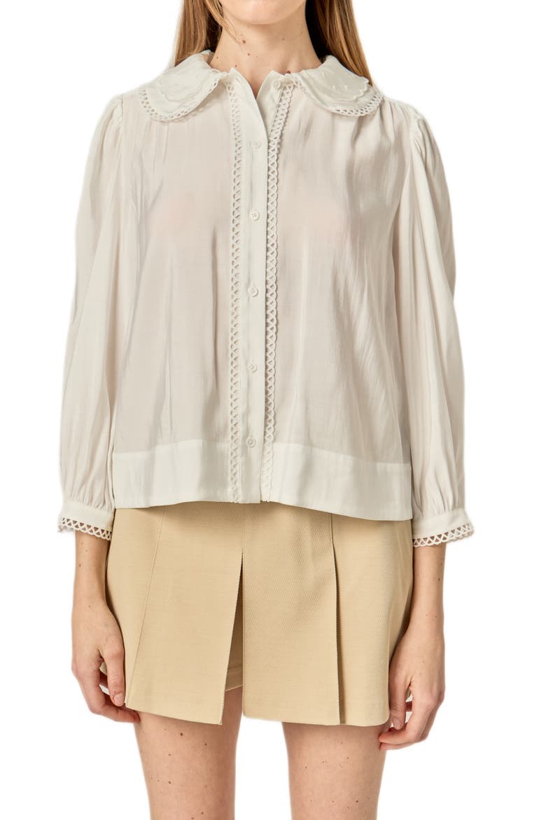 Scallop Detail Button-Up Shirt, Alternate, color, WHITE