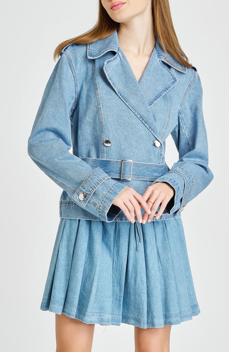 WAYF Harper Denim Trench Coat, Main, color, Vintage Blue