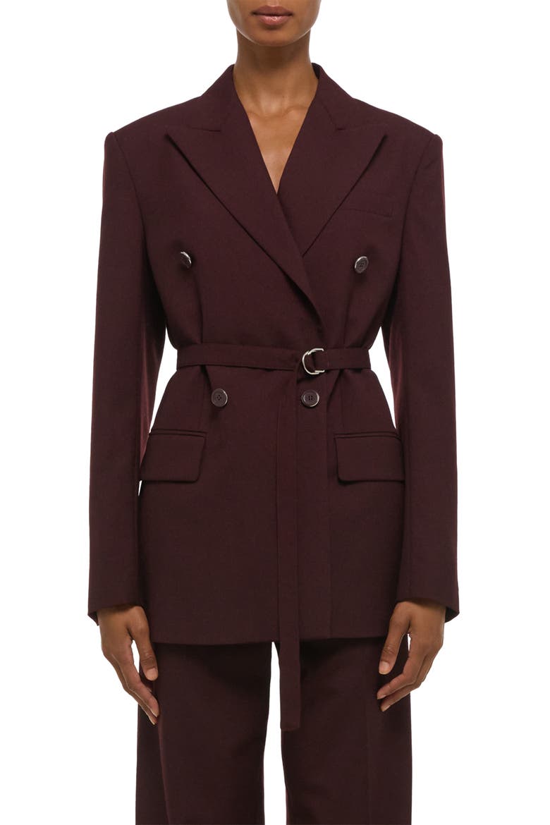 Double Breasted Belted Virgin Wool Blazer, Main, color, MAHOGANY
