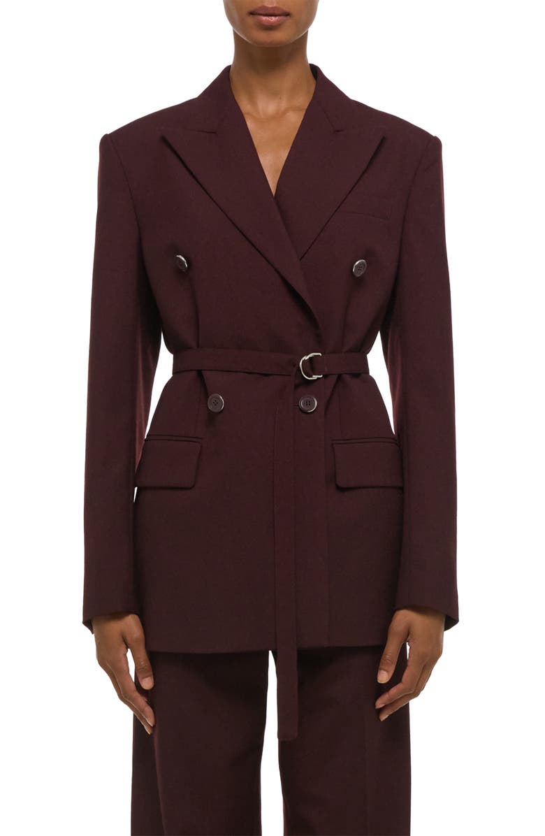 Helmut Lang Double Breasted Belted Virgin Wool Blazer, Main, color, Mahogany