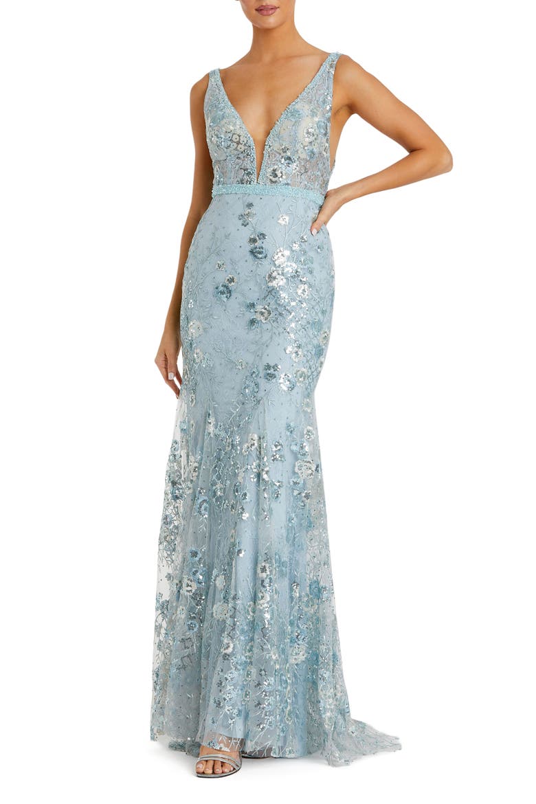 Women's Floral Embellished Sleeveless Plunge Neck Gown, Main, color, Seafoam