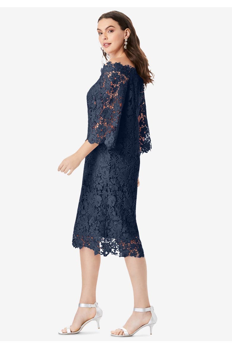 Off The Shoulder Lace Dress, Alternate, color, NAVY