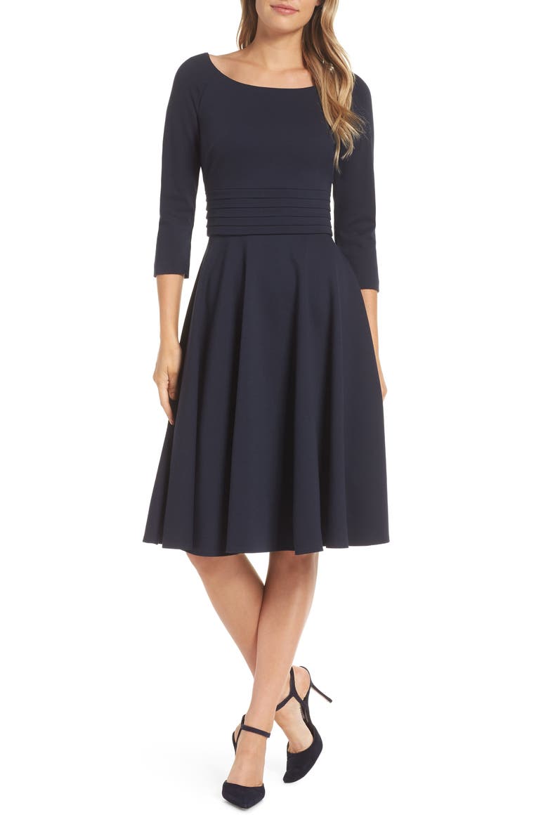 Pleated Waist Fit & Flare Dress, Alternate, color, NAVY
