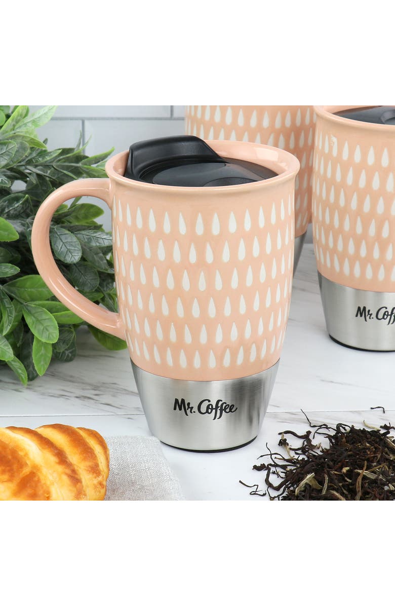 Mr. Coffee Coupleton Teardrop 4 Piece 15 Ounce Stoneware and Stainless Steel Travel Mug Set with Lid, Alternate, color, Pink