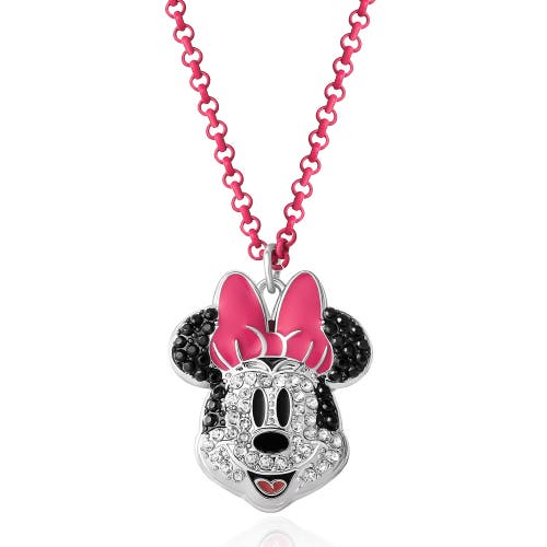 Disney Pave Crystal Minnie Mouse Necklace With Pink Chain, 16"+3" In Multi