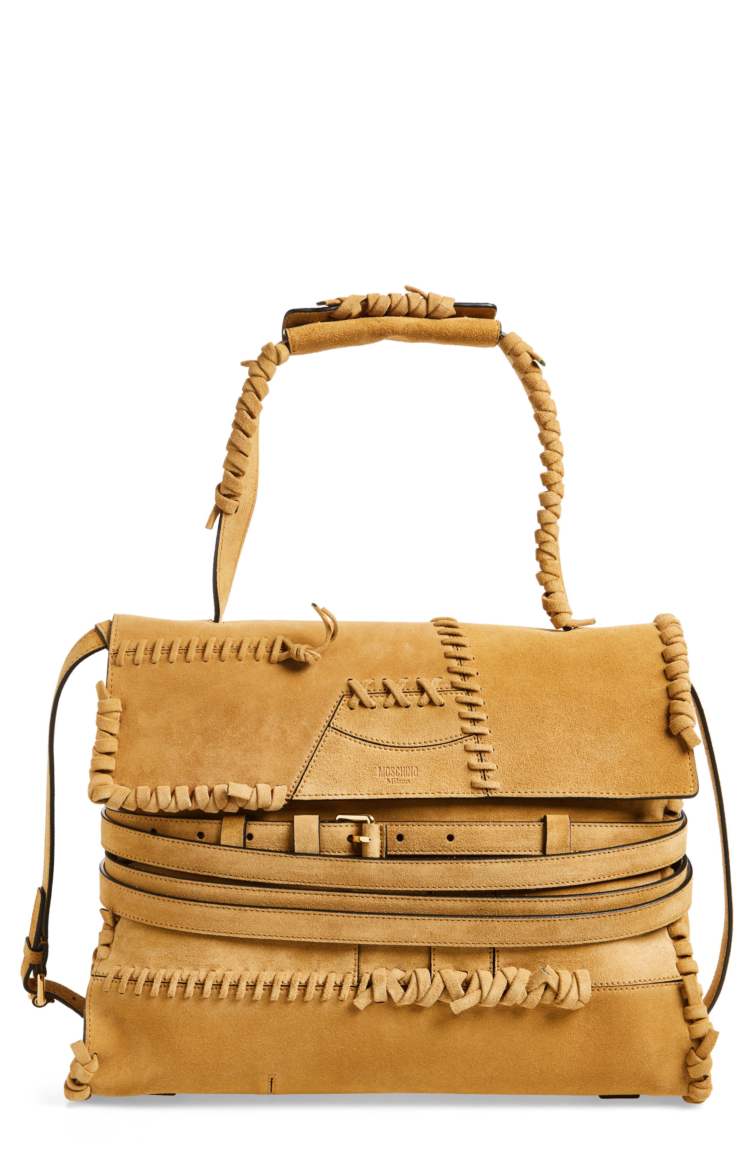 Moschino Large Tie Me Whipstitch Suede Shoulder Bag, Main, color, 