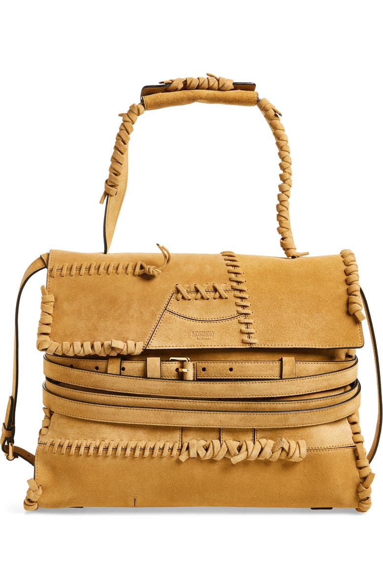 Moschino Large Tie Me Whipstitch Suede Shoulder Bag, Main, color,