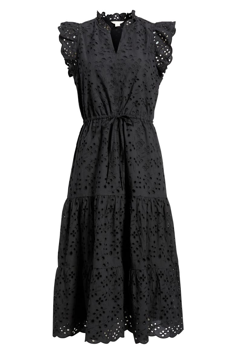 Ruffle Flutter Sleeve Cotton Broderie Anglaise Midi Dress, Alternate, color, BLACK