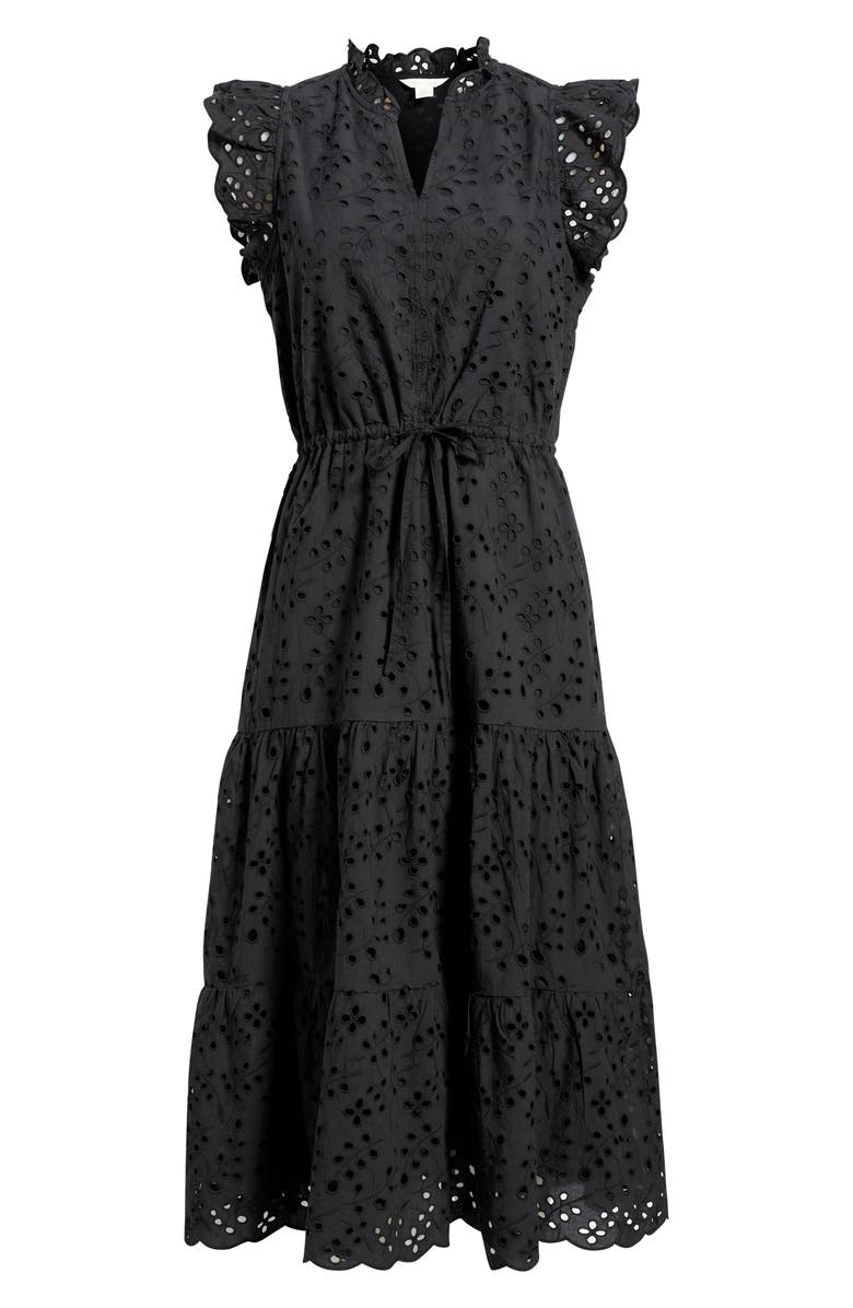 Caslon<sup>®</sup> Ruffle Flutter Sleeve Cotton Broderie Anglaise Midi Dress, Alternate, color, Black