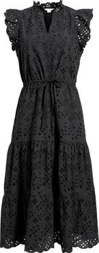 Caslon® Ruffle Flutter Sleeve Cotton Broderie Anglaise Midi Dress