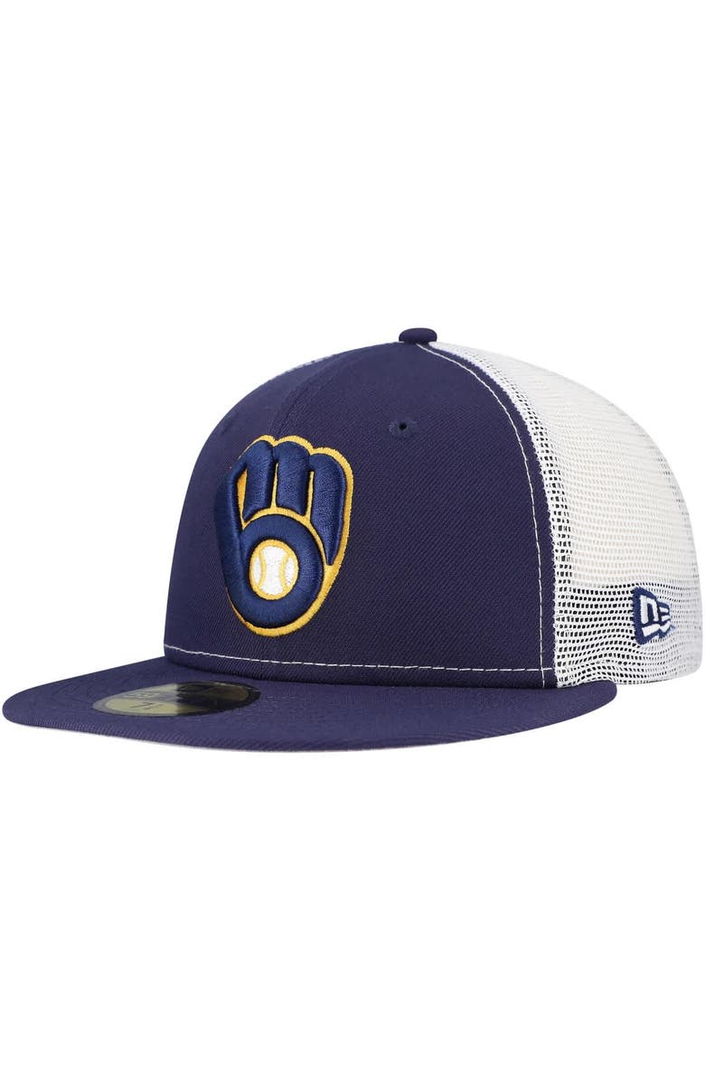 New Era Men's New Era Navy Milwaukee Brewers Team Color 59FIFTY Trucker Fitted Hat, Main, color,