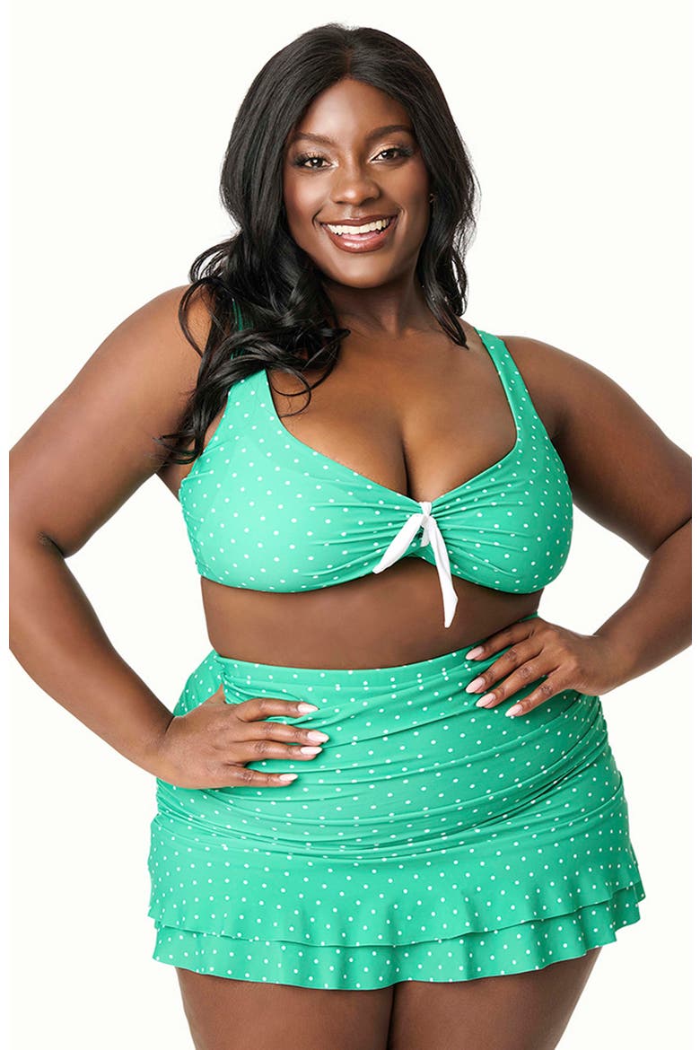 Plus Size Molded Cup & Bow Swim Top, Main, color, Green/White Dot