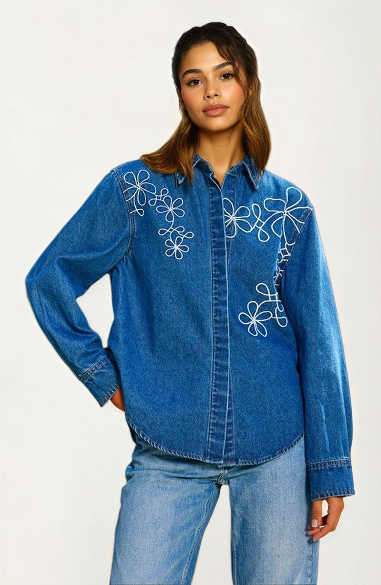 Knit and Lounge Oversized Denim Shirt with Floral Embroidery, Main, color,