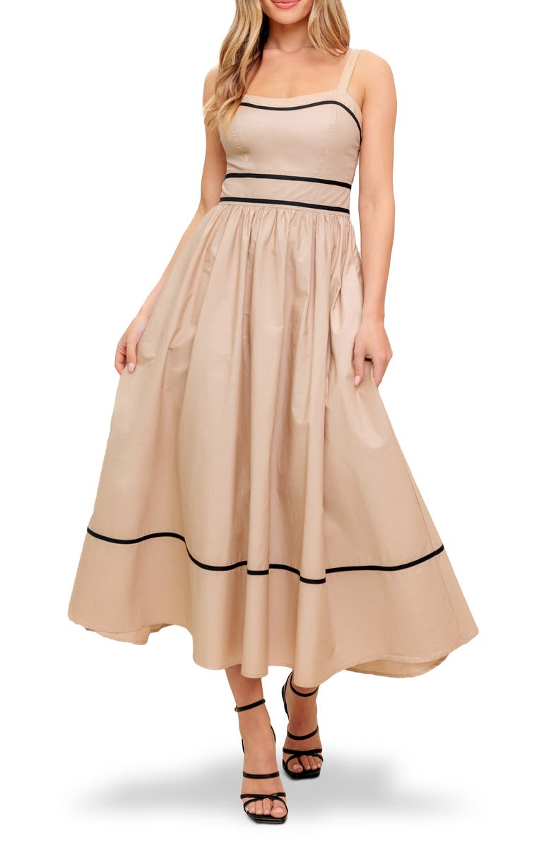 FLYING TOMATO Contrast Stripe Cotton Fit & Flare Maxi Sundress, Main, color, Taupe Black