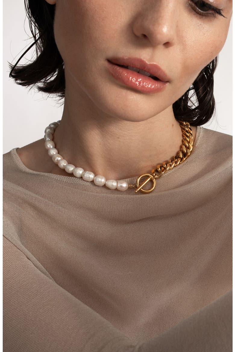 Freshwater Pearl & Curb Chain Necklace, Alternate, color, WHITE/GOLD