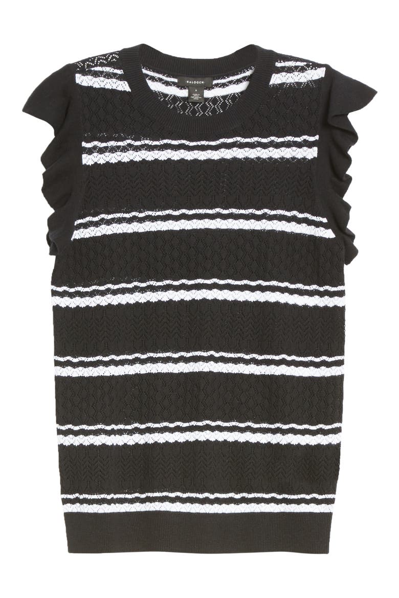 Stripe Flutter Sleeve Pointelle Pullover, Main, color, BLACK- WHITE STRIPE