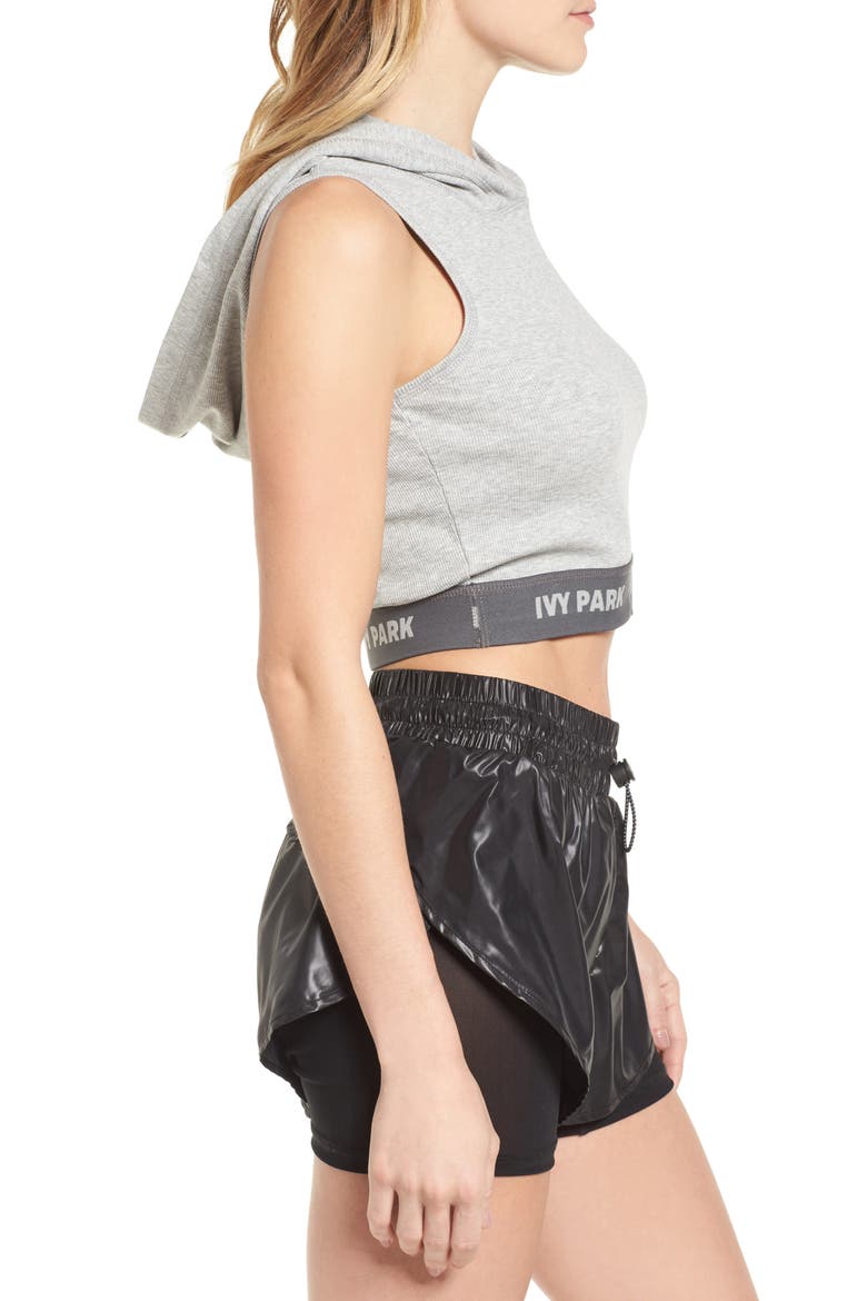 Ivy Park Cross Back Hooded Crop Top, Alternate, color, GREY MARL