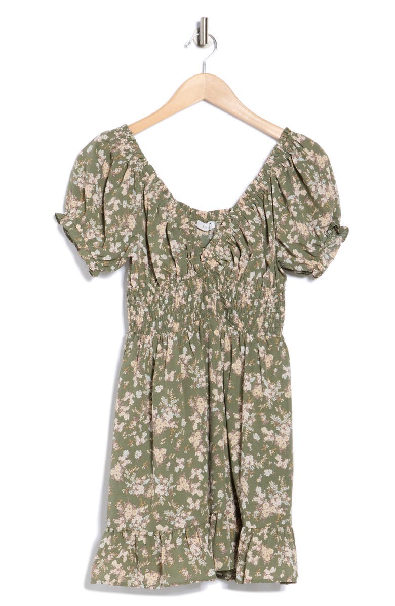 Lush Puff Sleeve Smocked Minidress, Alternate, color, Olive Floral