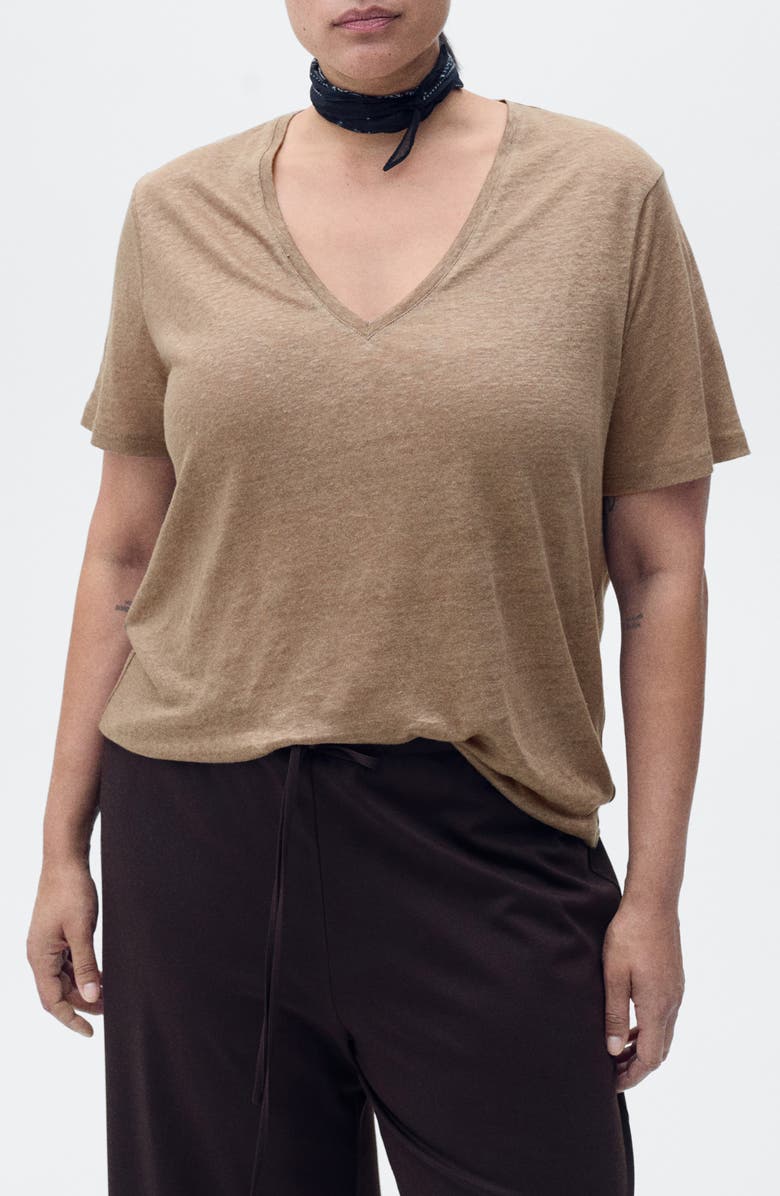 MANGO V-Neck Linen T-Shirt, Alternate, color, Light/ Pastel Brown