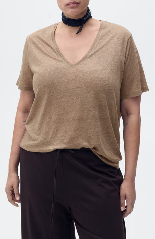 Mango V-neck Linen T-shirt In Brown