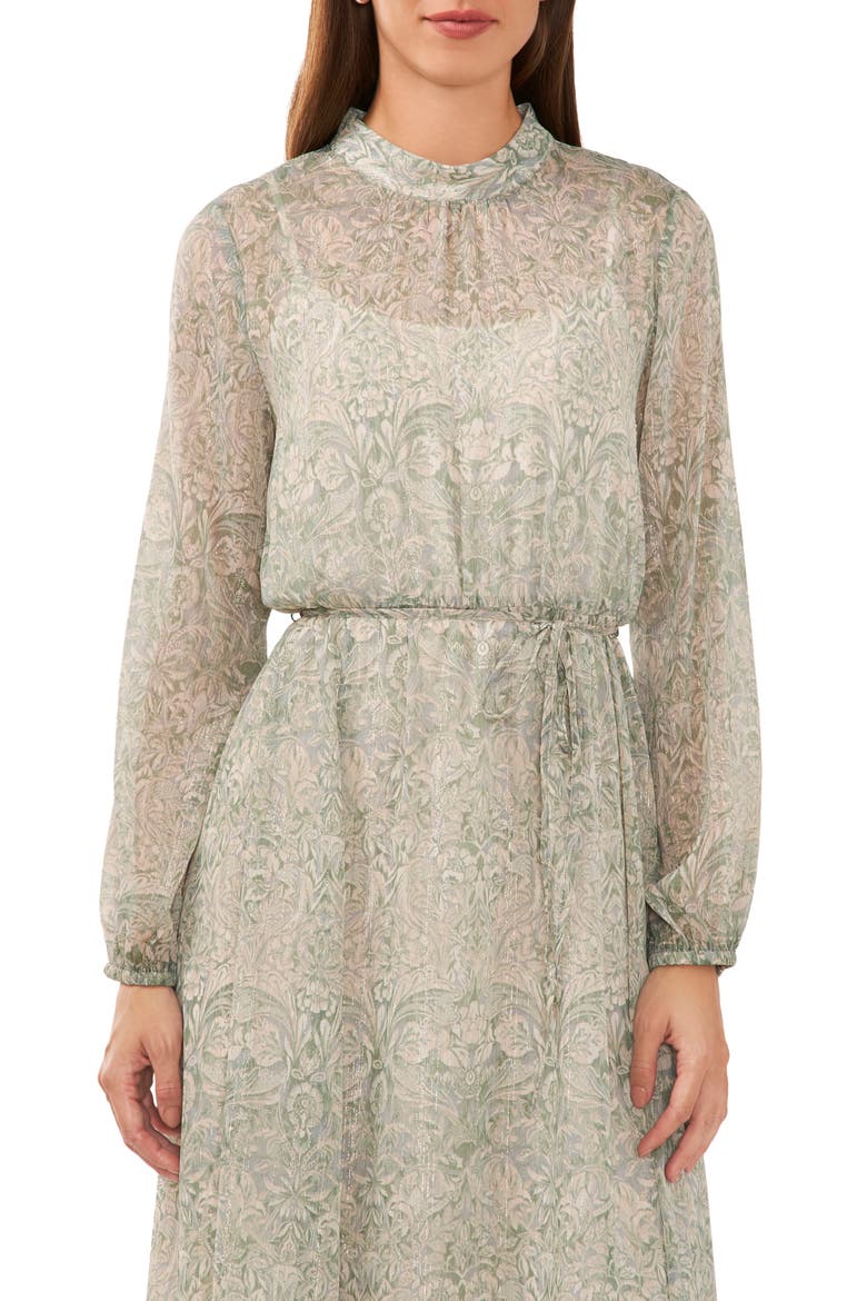 Floral Metallic Tie Waist Long Sleeve Midi Dress, Alternate, color, GARDEN IVY