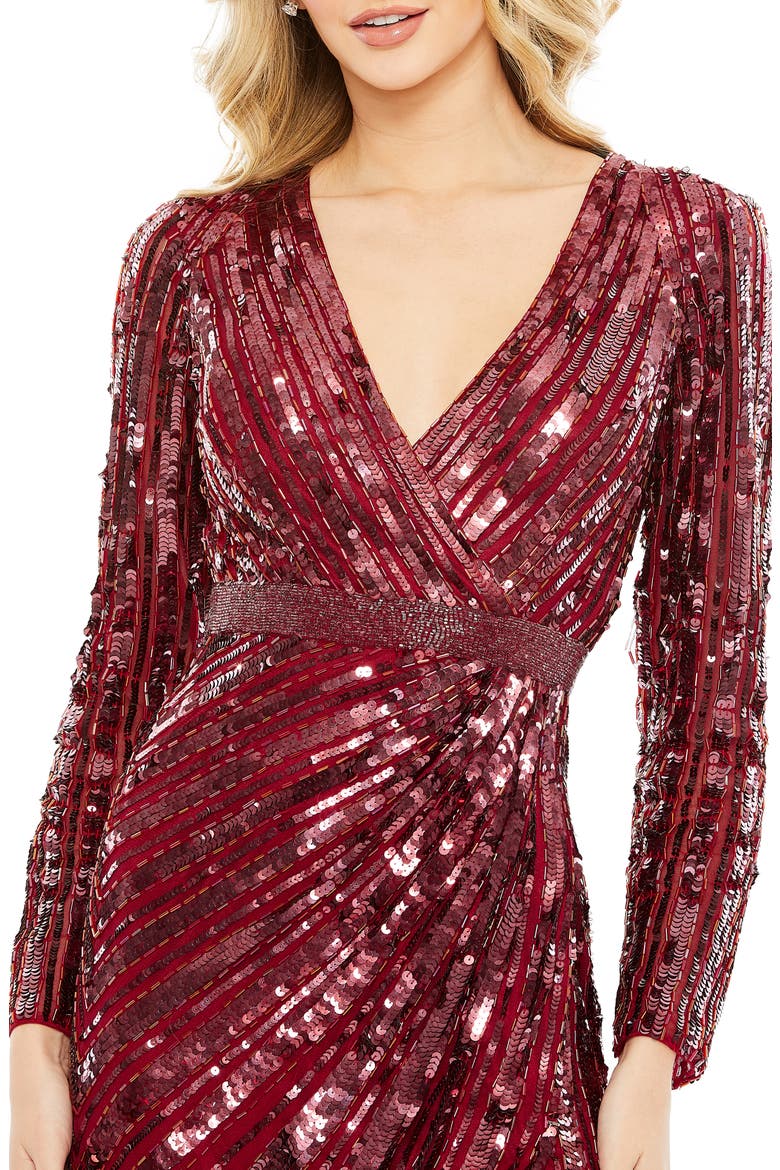 Sequin Long Sleeve Wrap Front Gown, Alternate, color, BURGUNDY