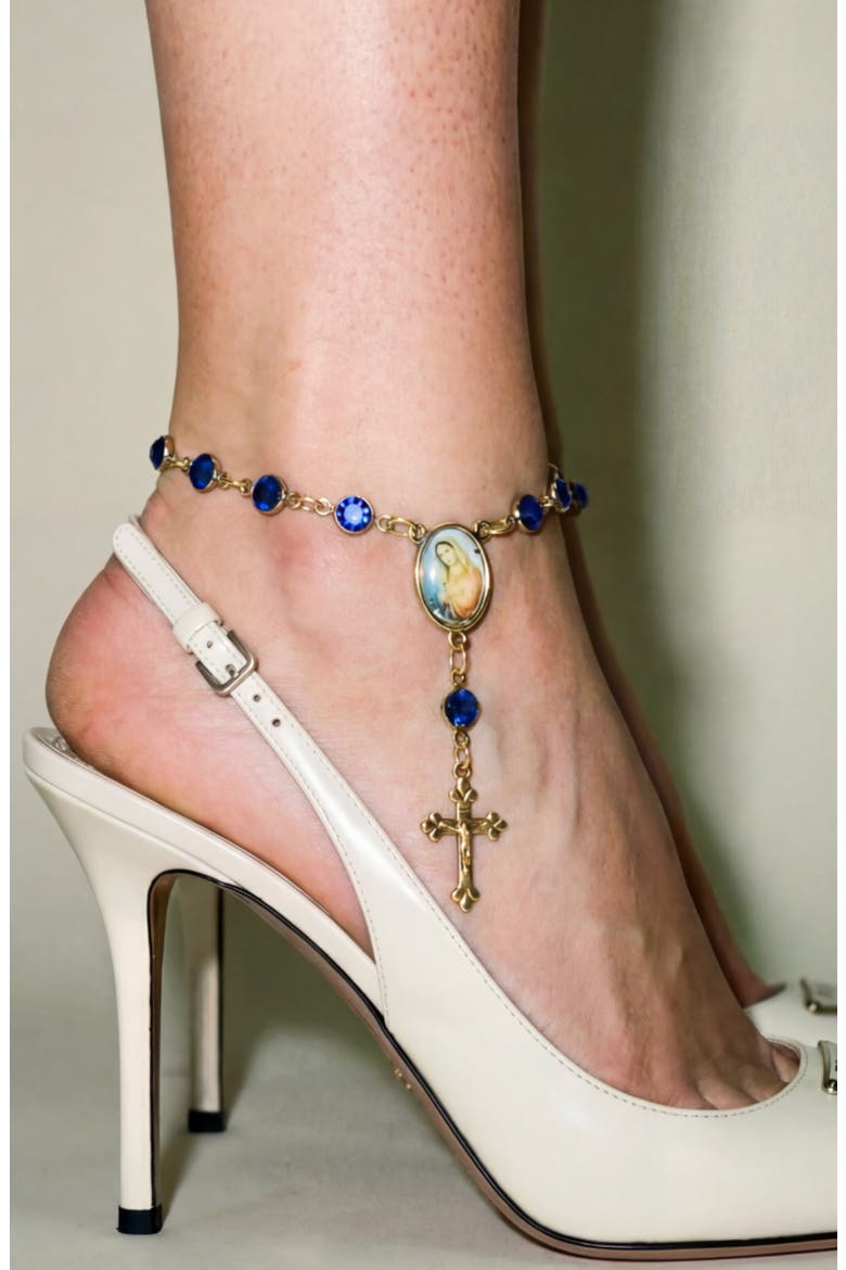 18k Gold Plated Rosary Anklet, Alternate, color, GOLD/DK BLUE