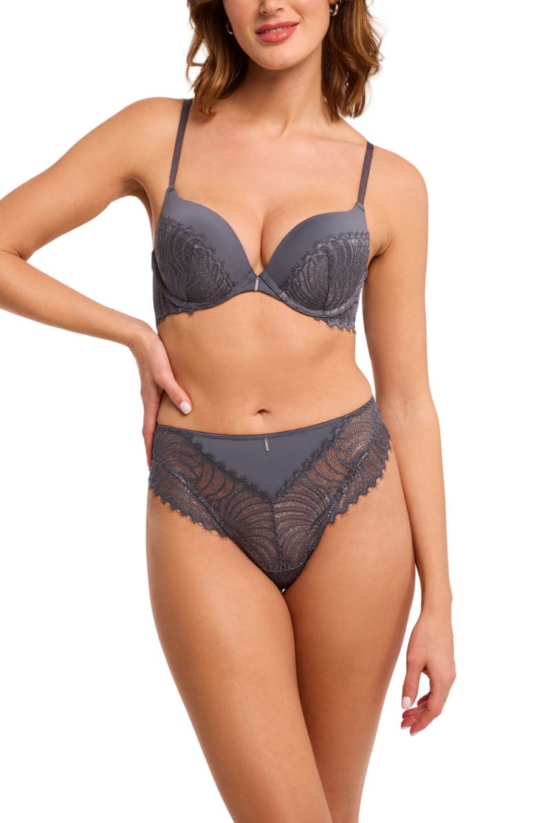 Montelle Intimates Nights Out Metallic Eyelash Lace Thong, Alternate, color, Magnet/Silver