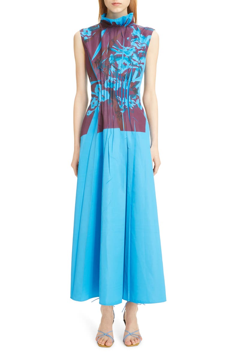 Floral Print Ruffle Collar Pleated Dress, Main, color, AZURE