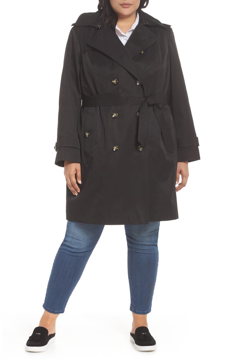 Hooded Double Breasted Trench Coat, Main, color, BLACK