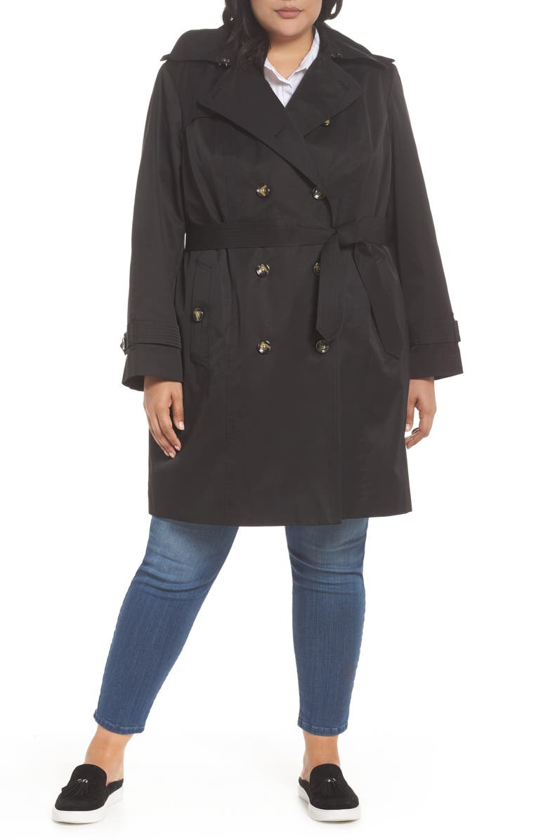 London Fog Hooded Double Breasted Trench Coat, Main, color,