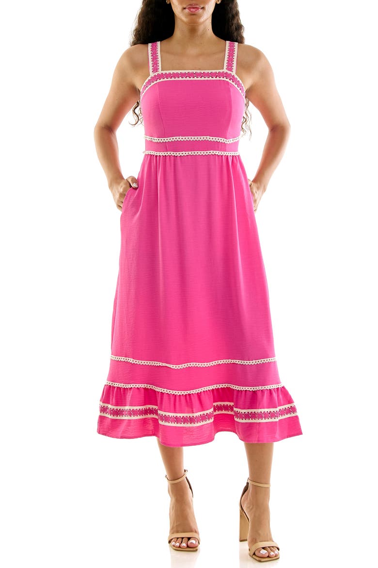 Lace Trim Fit & Flare Midi Dress, Main, color, RASPBERRY ROSE