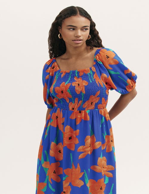 Finery London Enzo Short Sleeve Floral Midi Dress In Blue
