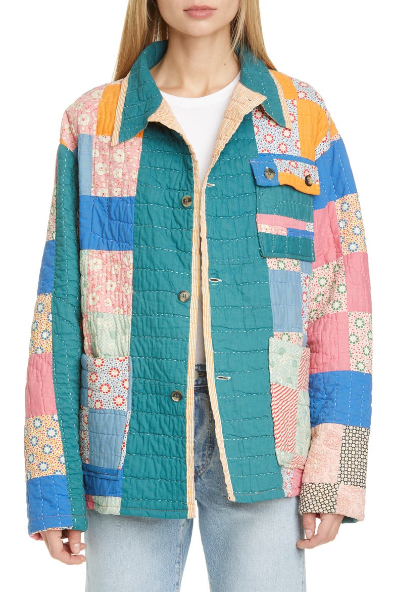 One of a Kind Reworked Quilt Floral Nine Patch Workwear Jacket, Main, color, BRIGHT PASTEL/FLORAL MULTI