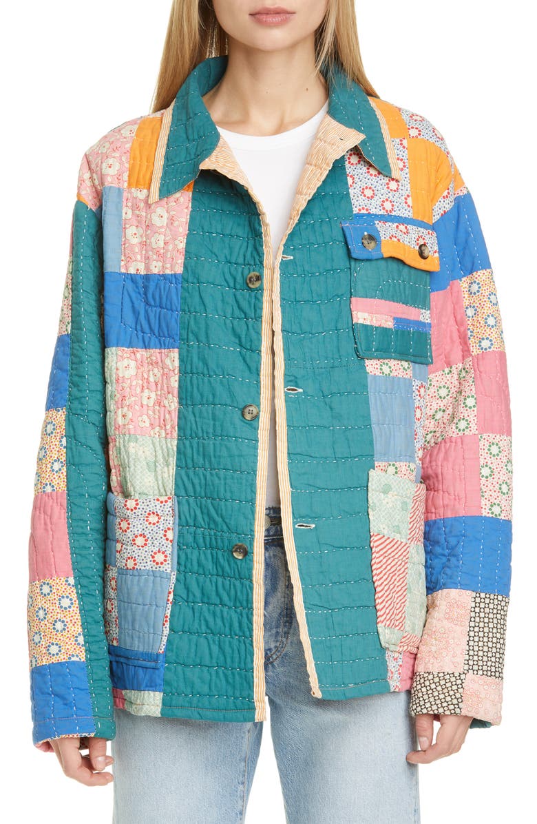 Bode One of a Kind Reworked Quilt Floral Nine Patch Workwear Jacket, Main, color,