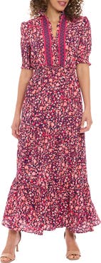 London Times Ditsy Ruffle A-Line Maxi Dress