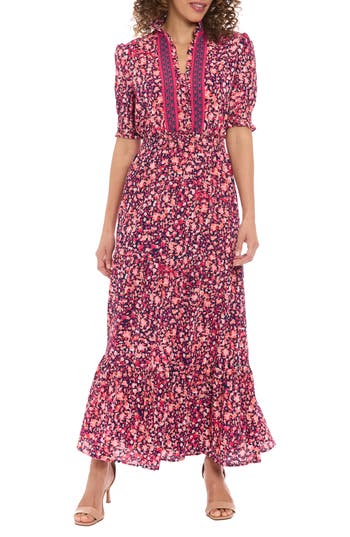 Shop London Times Ditsy Ruffle A-line Maxi Dress In Navy Rose