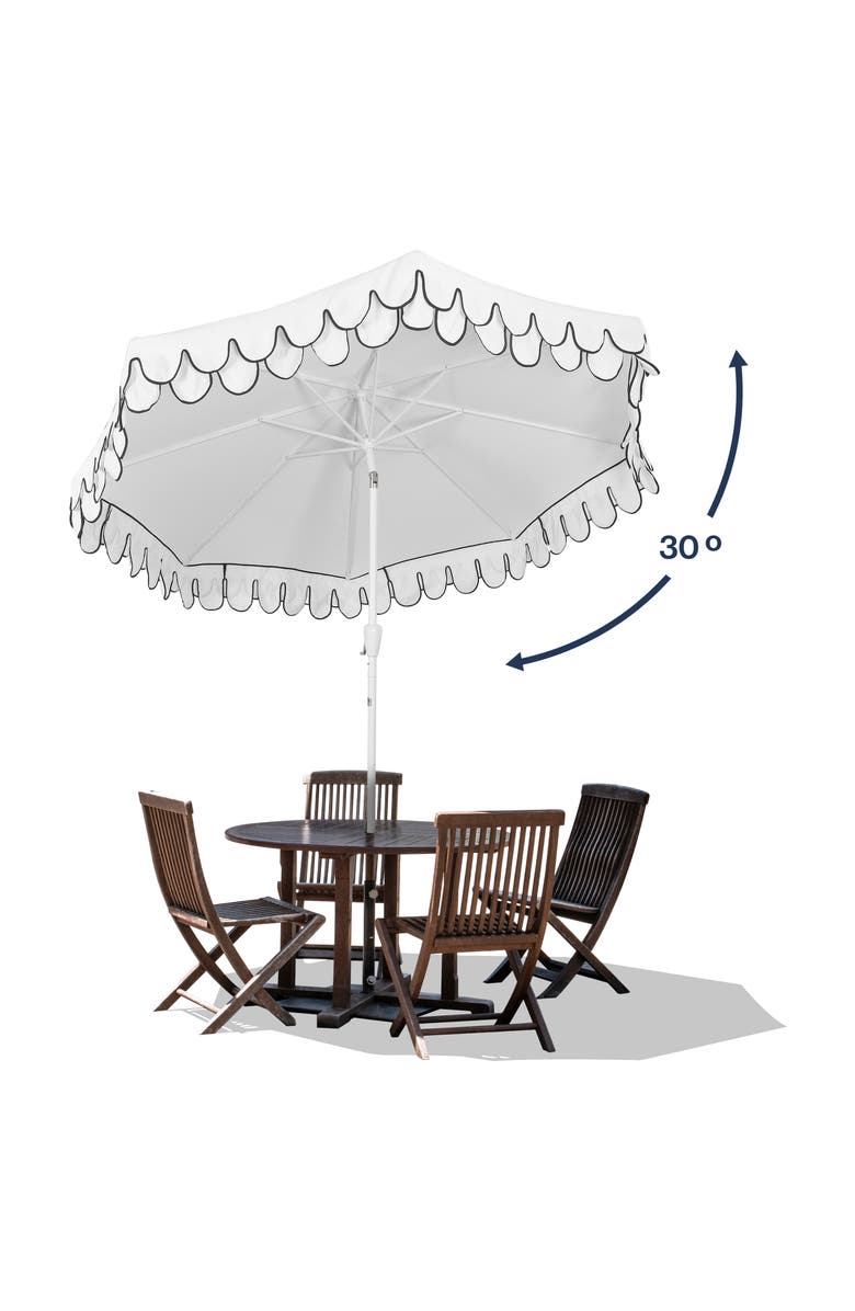 JONATHAN Y Tracy 9 ft. Classic MidCentury Scalloped Fringe Market Patio Umbrella with Auto-Tilt, Crank, Wind Vent and UV Protection, Alternate, color, White