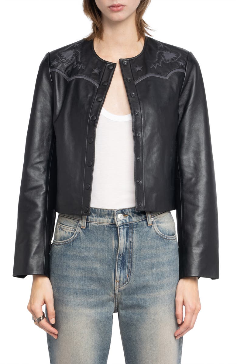Zadig & Voltaire Luxi Leather Western Jacket, Main, color, Black