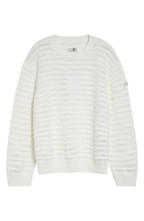 Open Knit Stripe Cotton Crewneck Sweater