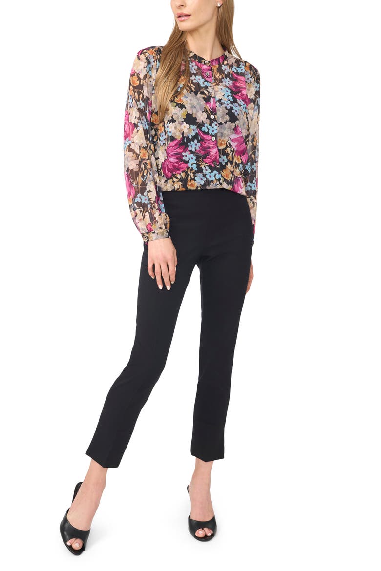 Mock Neck Shirred Button Down Shirt, Alternate, color, RICH BLACK