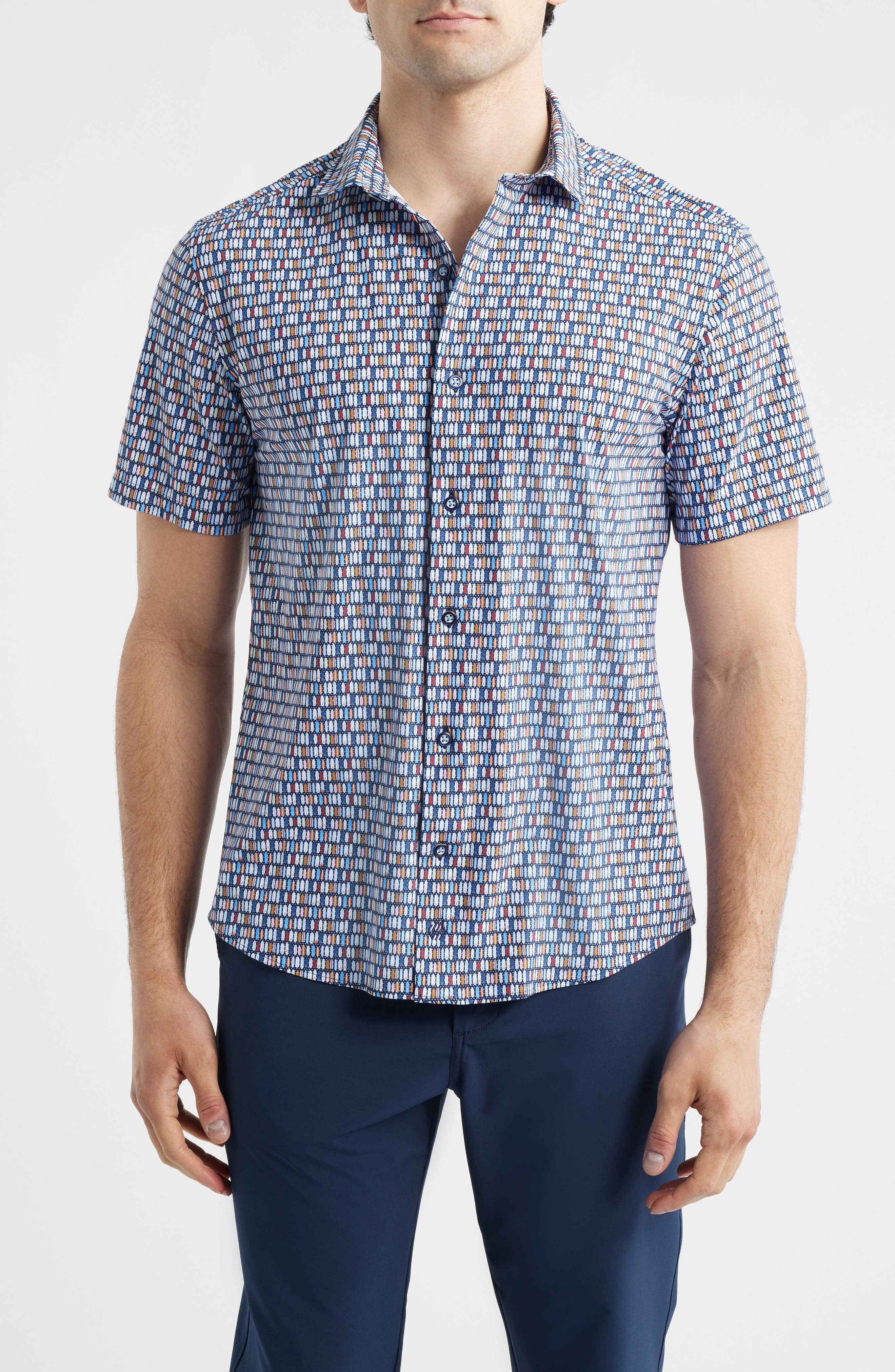 XC+ Motion Geo Print Short-Sleeve Performance Knit Button-Up Shirt