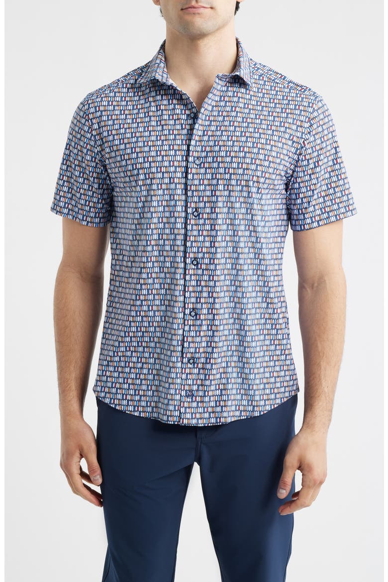 XC+™ Motion Geo Print Short-Sleeve Performance Knit Button-Up Shirt, Main, color, NAVY SURFBOARD