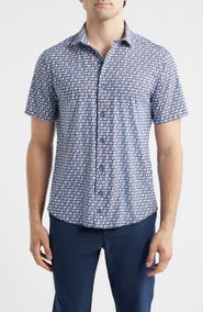 Johnston & Murphy XC+™ Motion Geo Print Short-Sleeve Performance Knit Button-Up Shirt